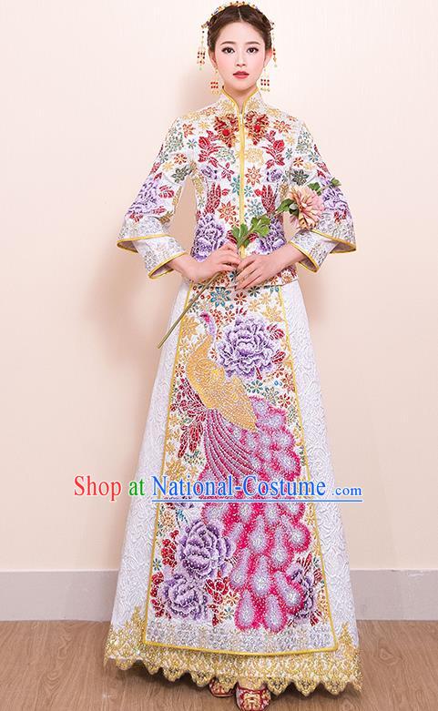 Traditional Chinese Style Female Wedding Costumes Ancient Embroidered Phoenix White Full Dress XiuHe Suit for Bride