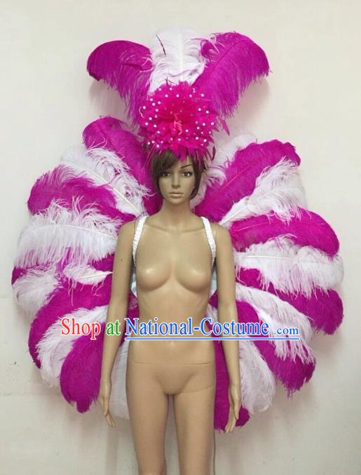 Customized Halloween Catwalks Props Brazilian Rio Carnival Samba Dance Rosy and White Feather Deluxe Wings and Headwear for Women