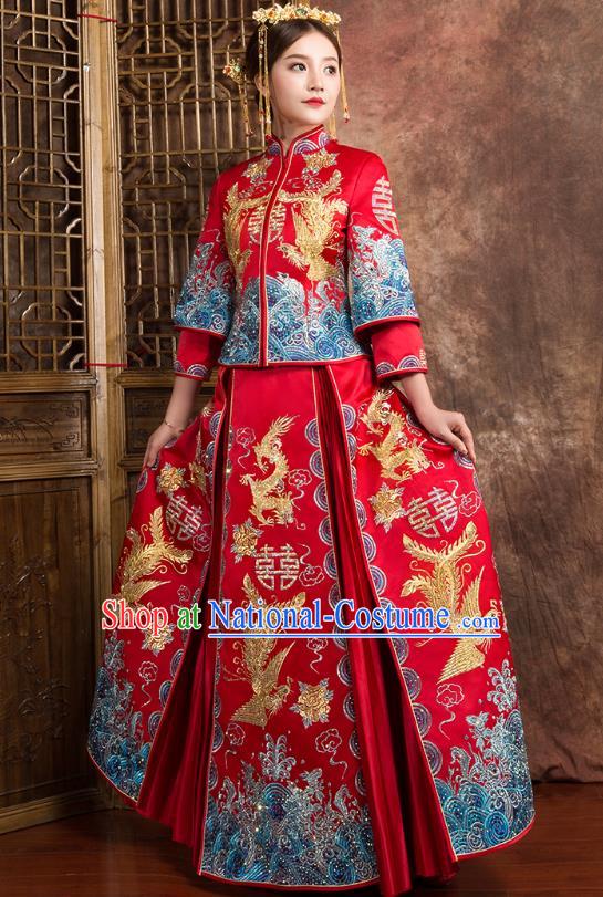 Chinese Traditional Wedding Dress Ancient Bride Embroidered Dragon Phoenix Diamante Xiuhe Suit for Women