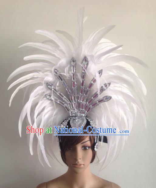 Professional Halloween Catwalks Hair Accessories Brazilian Rio Carnival Samba Dance Deluxe White Feather Headwear for Women