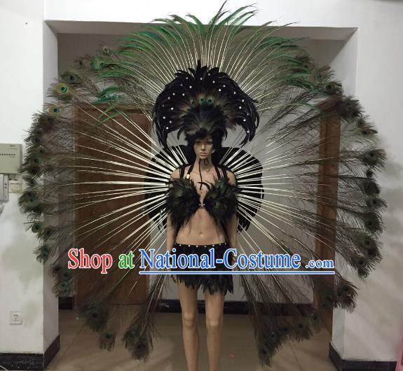 Brazilian Rio Carnival Samba Dance Costumes Catwalks Peacock Feather Swimwear and Wings for Women