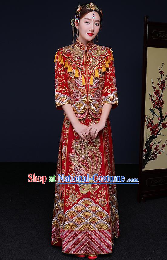 Traditional Chinese Embroidered Phoenix Peony Slim Red XiuHe Suit Wedding Costumes Full Dress Ancient Bottom Drawer for Bride