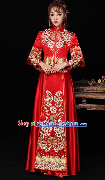 Chinese Ancient Wedding Costumes Bride Formal Dresses Embroidered Lotus Longfenggua XiuHe Suit for Women