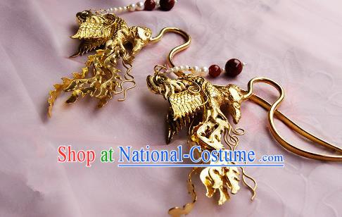 Chinese Traditional Hair Accessories Ancient Empress Golden Crane Tassel Hairpins for Women