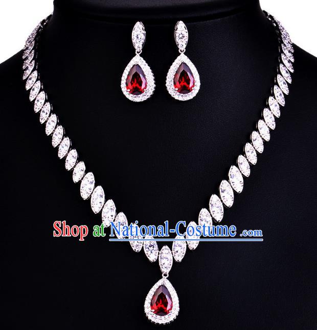 Top Grade Wedding Bride Jewelry Accessories Red Crystal Necklace and Earrings for Women