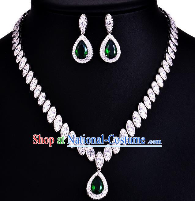 Top Grade Wedding Bride Jewelry Accessories Green Crystal Necklace and Earrings for Women