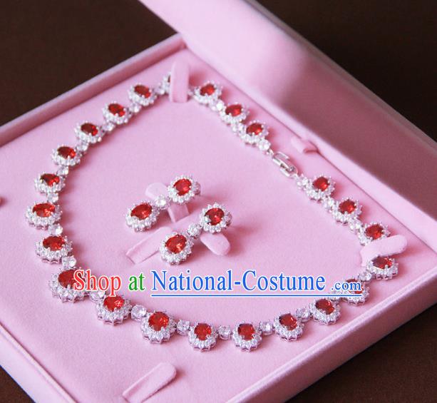 Top Grade Wedding Bride Jewelry Accessories Zircon Red Crystal Necklace and Earrings for Women