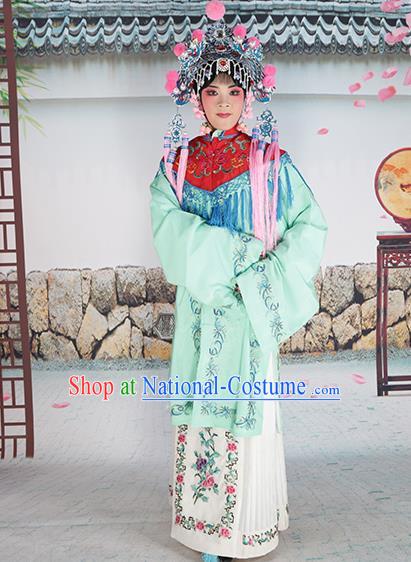 Professional Chinese Beijing Opera Diva Embroidered Green Costumes Red Shawl Clothing and Headwear for Adults