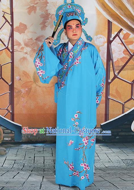 Professional Chinese Peking Opera Niche Costume Traditional Peking Opera Plum Blossom Blue Robe and Hat for Adults