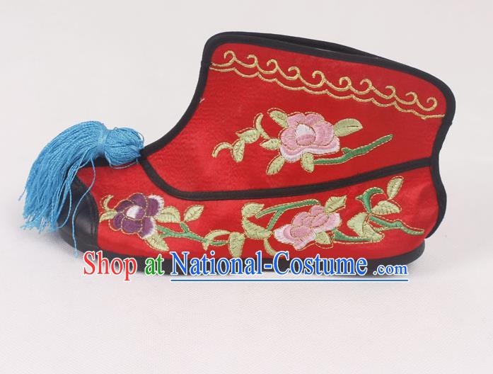 Chinese Traditional Beijing Opera Embroidered Boots Peking Opera Blues Red Cloth Shoes for Women