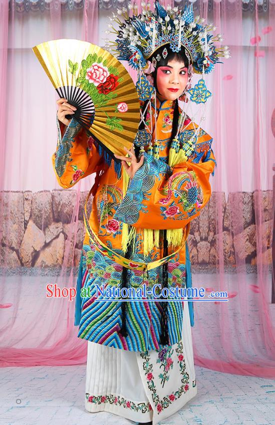 Professional Chinese Beijing Opera Diva Imperial Empress Embroidered Yellow Costumes and Phoenix Coronet for Adults