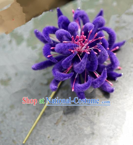 Top Grade Chinese Handmade Hair Accessories Qing Dynasty Purple Velvet Chrysanthemum Flowers Hairpins for Women