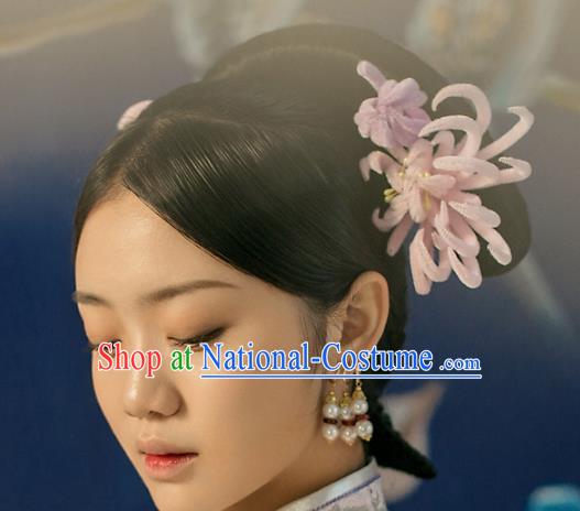 Top Grade Chinese Handmade Hair Accessories Qing Dynasty Pink Velvet Chrysanthemum Flowers Hairpins for Women