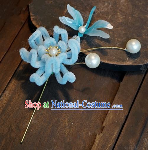 Top Grade Chinese Handmade Hair Accessories Qing Dynasty Blue Velvet Chrysanthemum Flowers Hairpins for Women