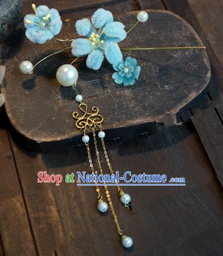 Top Grade Chinese Handmade Hair Accessories Qing Dynasty Blue Velvet Flowers Hairpins for Women