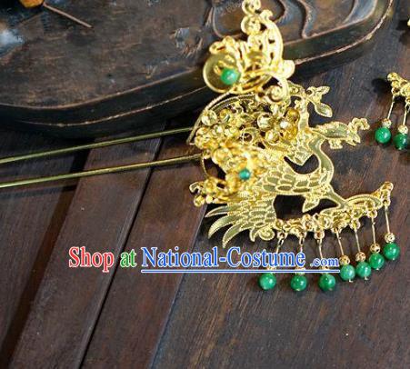 Chinese Handmade Ancient Hair Accessories Ancient Hanfu Blue Beads Tassel Phoenix Hairpins for Women