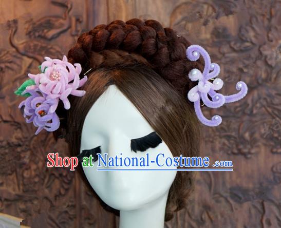 Top Grade Chinese Handmade Hair Accessories Qing Dynasty Princess Purple Velvet Chrysanthemum Hairpins for Women