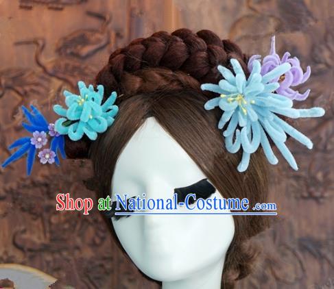 Top Grade Chinese Handmade Hair Accessories Qing Dynasty Princess Blue Velvet Chrysanthemum Hairpins for Women