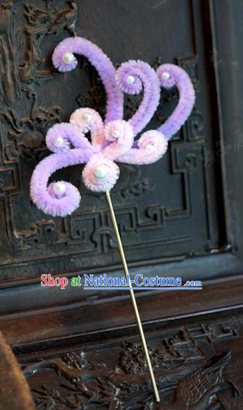 Chinese Handmade Hair Accessories Qing Dynasty Princess Purple Velvet Flowers Hairpins for Women