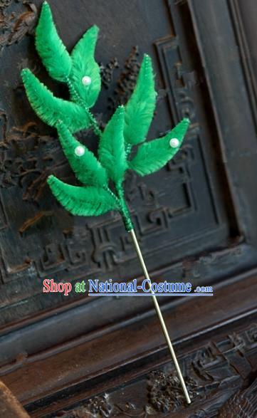 Chinese Handmade Hair Accessories Qing Dynasty Princess Green Velvet Leaf Hairpins for Women