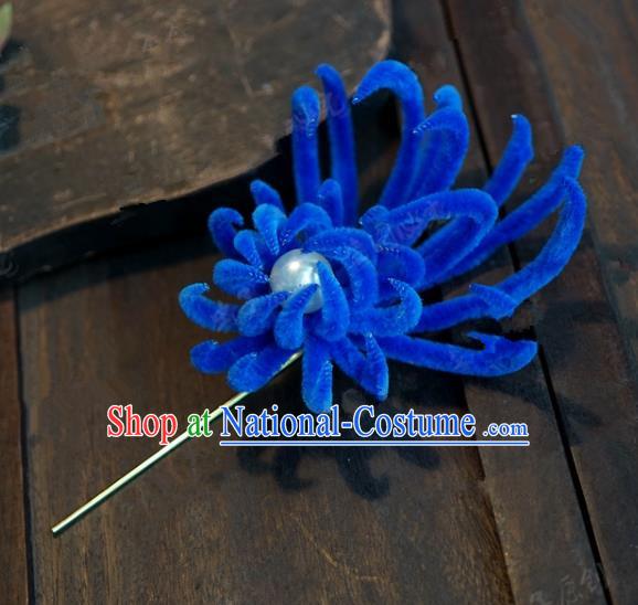 Chinese Handmade Ancient Hair Accessories Qing Dynasty Princess Royalblue Velvet Chrysanthemum Hairpins for Women