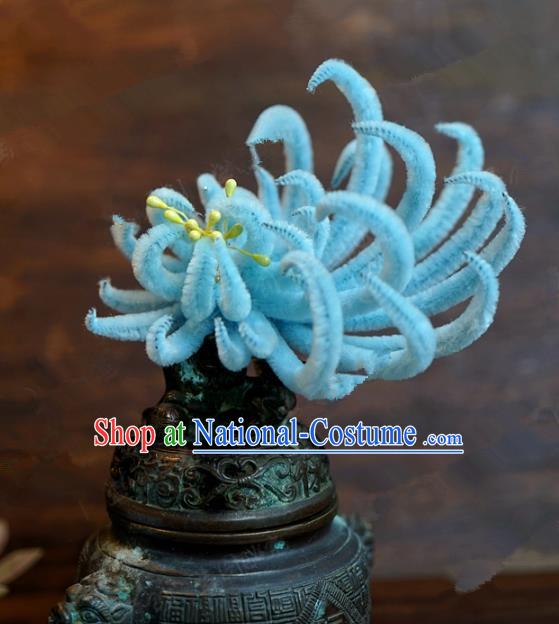 Chinese Handmade Ancient Hair Accessories Qing Dynasty Princess Blue Velvet Chrysanthemum Hairpins for Women