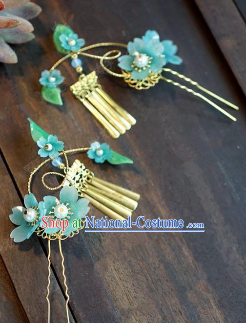 Chinese Handmade Ancient Hair Accessories Princess Blue Flowers Tassel Hairpins for Women