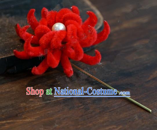 Chinese Handmade Ancient Hair Accessories Qing Dynasty Princess Red Velvet Flower Hairpins for Women