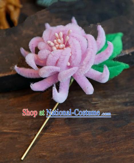 Chinese Handmade Ancient Hair Accessories Qing Dynasty Princess Pink Velvet Chrysanthemum Hairpins for Women