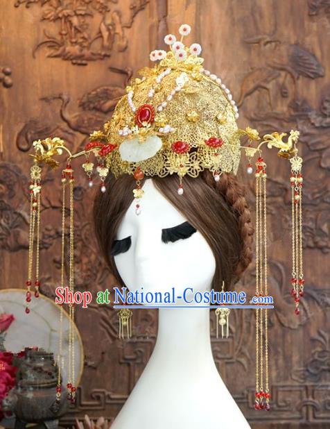 Chinese Handmade Wedding Hair Accessories Ancient Bride Jade Phoenix Coronet Tassel Hairpins Complete Set for Women