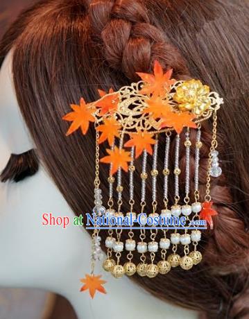 Chinese Handmade Ancient Hair Accessories Ancient Hanfu Maple Leaf Tassel Hairpins for Women