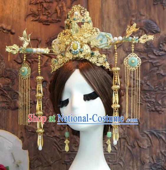 Chinese Handmade Wedding Hair Accessories Ancient Queen Jade Phoenix Coronet Tassel Hairpins Complete Set for Women