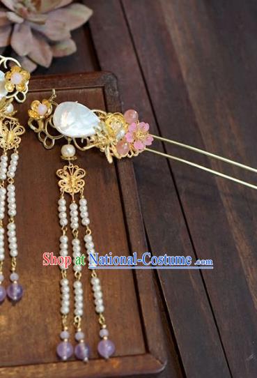 Chinese Handmade Ancient Hair Accessories Ancient Hanfu Shell Tassel Hairpins for Women