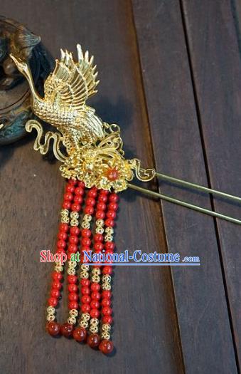 Chinese Handmade Ancient Hair Accessories Ancient Hanfu Red Beads Tassel Crane Hairpins for Women