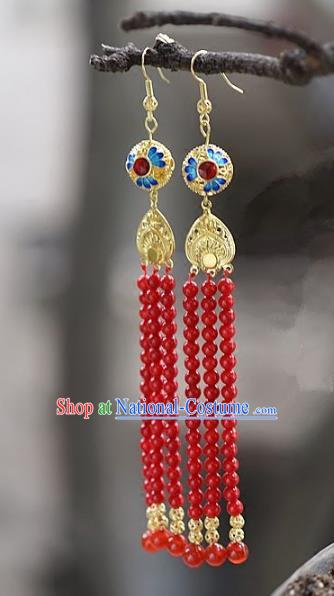 Chinese Handmade Ancient Bride Red Beads Tassel Earrings Jewelry Accessories for Women