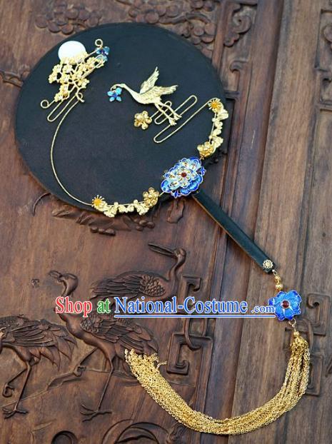 Top Grade Chinese Handmade Palace Fans Ancient Wedding Carving Crane Moon Round Fans for Women