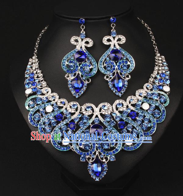 Top Grade Handmade Jewelry Accessories Bride Blue Crystal Necklace and Earrings for Women