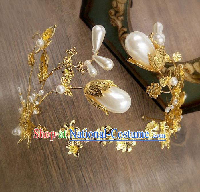 Top Grade Handmade Baroque Bride Pearls Golden Royal Crown Wedding Hair Jewelry Accessories for Women