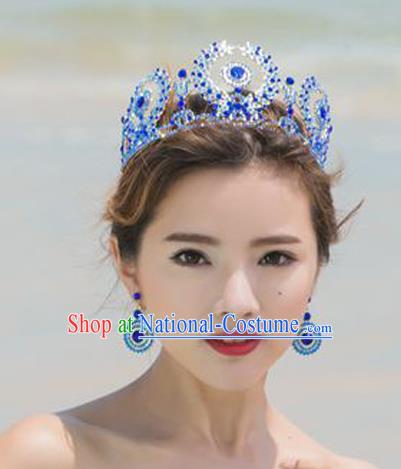 Top Grade Handmade Baroque Blue Crystal Royal Crown and Earrings Wedding Bride Hair Jewelry Accessories for Women