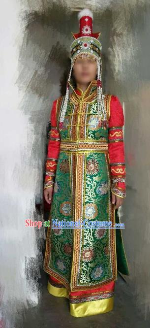 Chinese Traditional Mongolian Costume China Mongol Nationality Green Dress for Women