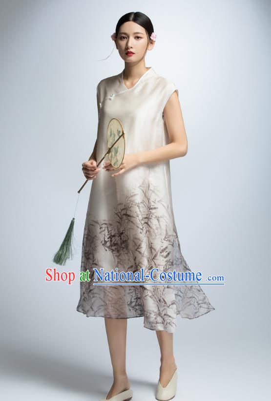 Chinese Traditional Printing Bamboo Cheongsam Dress China National Costume for Women