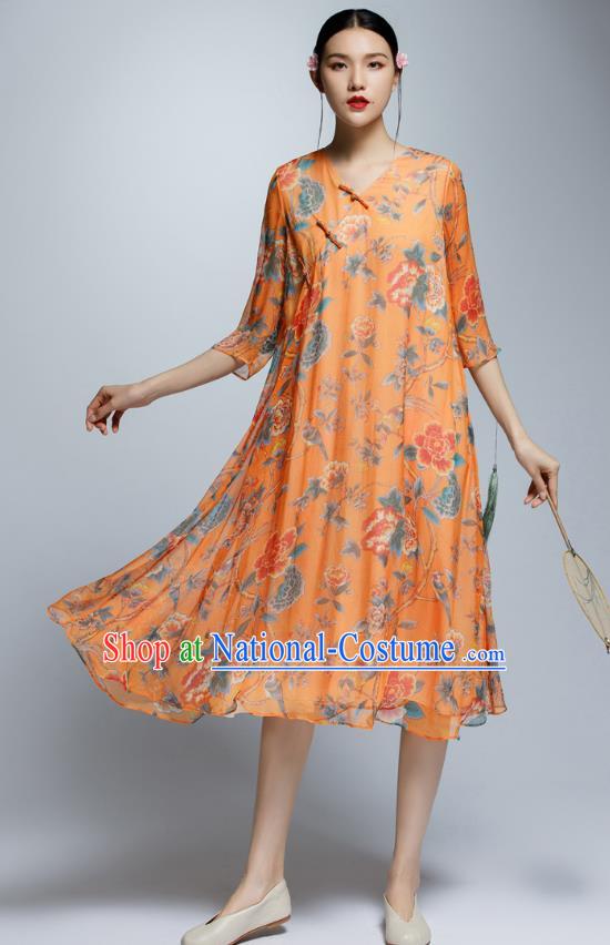 Chinese Traditional Printing Orange Cheongsam China National Costume Qipao Dress for Women