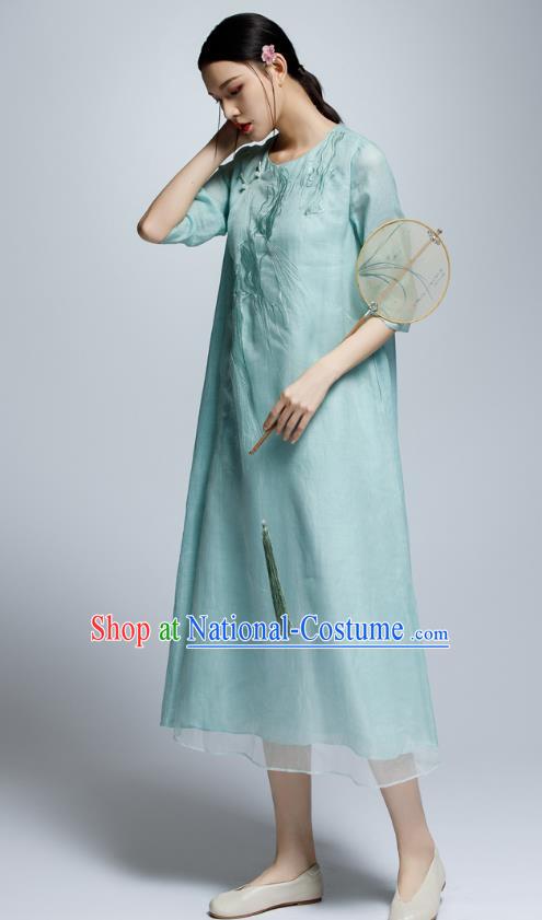 Chinese Traditional Embroidered Green Cheongsam China National Costume Qipao Dress for Women