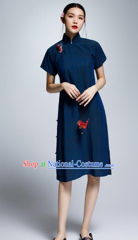 Chinese Traditional Navy Cheongsam China National Costume Tang Suit Qipao Dress for Women