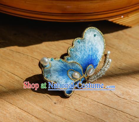 Chinese Traditional Cheongsam Accessories Embroidered Blue Butterfly Brooch for Women