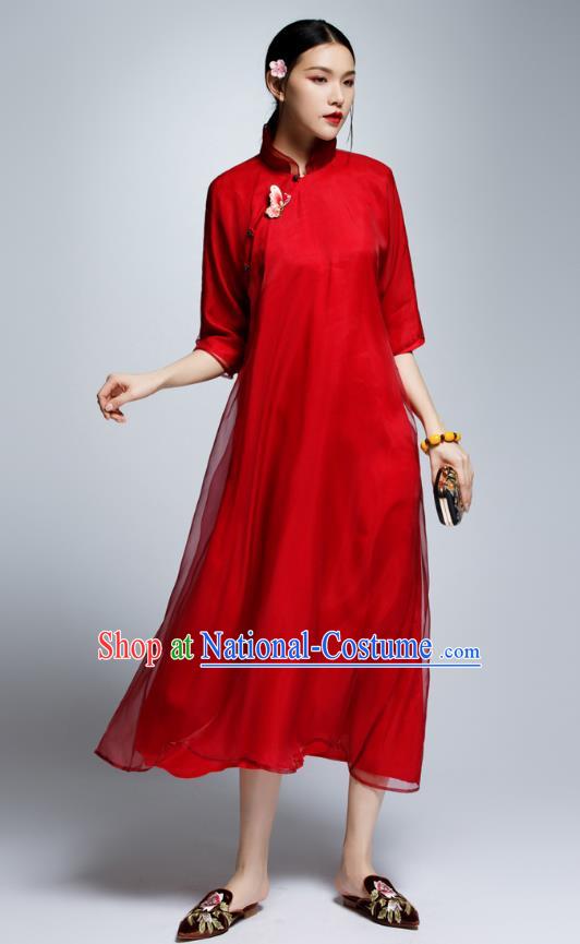 Chinese Traditional Red Organza Cheongsam China National Costume Tang Suit Qipao Dress for Women