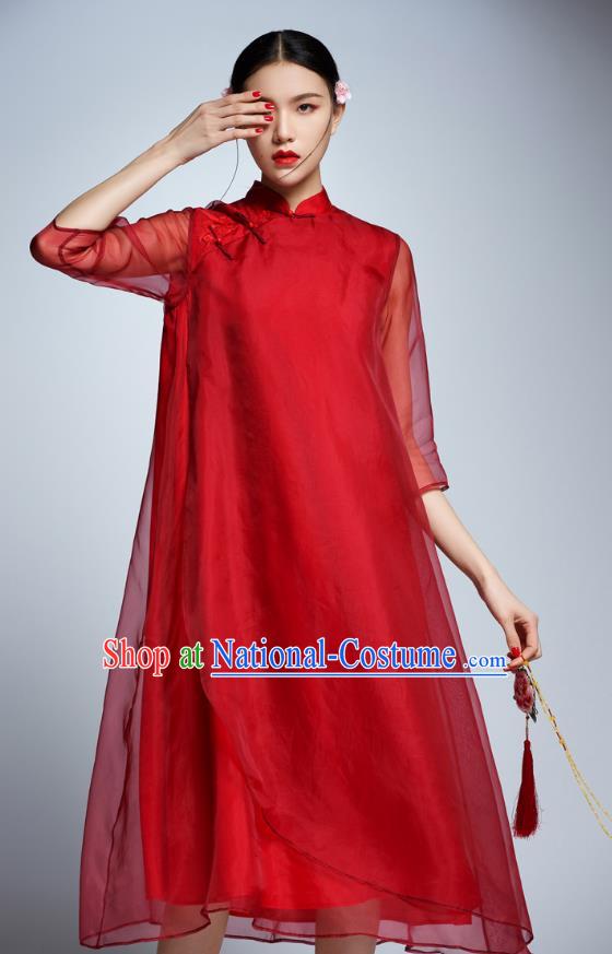 Chinese Traditional Red Organza Cheongsam China National Costume Tang Suit Qipao Dress for Women