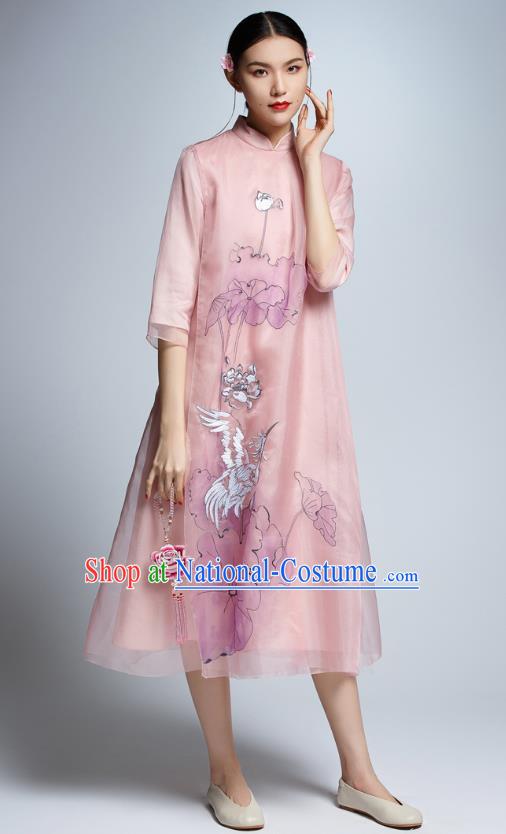 Chinese Traditional Printing Lotus Crane Pink Cheongsam China National Costume Tang Suit Qipao Dress for Women