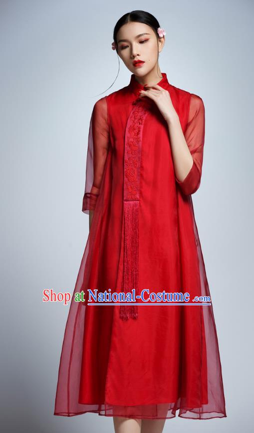 Chinese Traditional Embroidered Red Cheongsam China National Costume Tang Suit Qipao Dress for Women