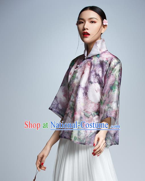 Chinese Traditional Costume Printing Cheongsam Blouse China National Upper Outer Garment Shirt for Women